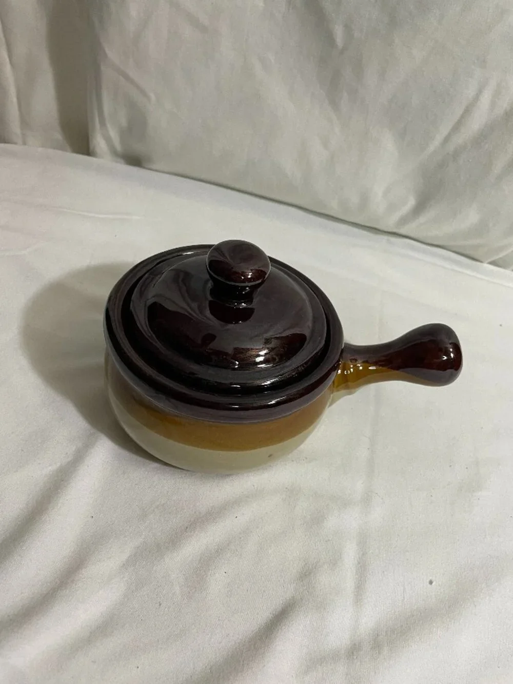 Vintage Brown Drip Glaze Covered Ceramic Individual Soup Crock Pot w/ Handle & L
